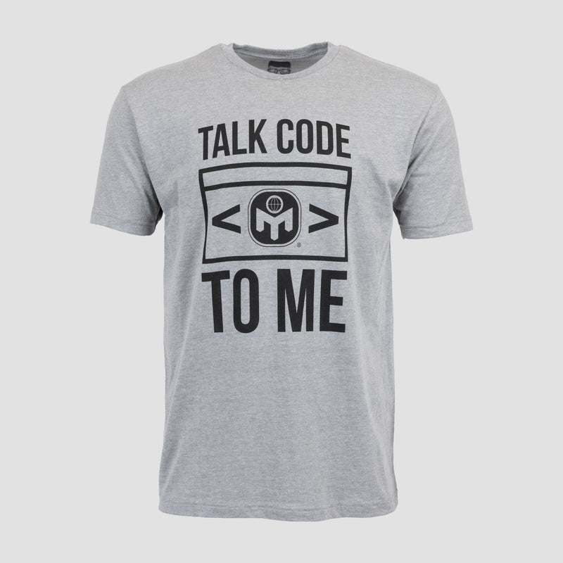 Dark Heather Grey tee with black Mensa logo and text "TALK CODE TO ME"