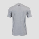 Rear view of dark heather grey tee with black Mensa logo on upper back