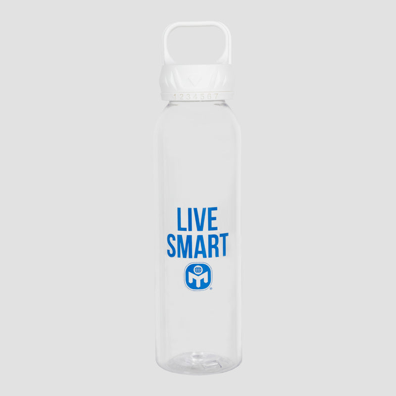 Clear water bottle with blue text "LIVE SMART" and blue Mensa logo