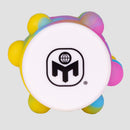 top down view of Mensa Push Pop Spinning Top showing black Mensa logo on top