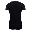 rear view of ladies black vneck shirt