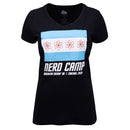 Ladies black vneck shirt with Graphic of 4 red atoms on white and blue background with white text below on black background "NERD CAMP AMERICAN MENSA AG | CHICAGO, 2025"