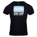 black shirt with graphic of 4 red atoms on white and blue background with white text below on black background "NERD CAMP AMERICAN MENSA AG | CHICAGO, 2025"