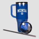 blue tumbler with white MENSA with lid and straw
