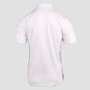 Rear view of white performance polo