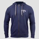 indigo lightweight jacket with white MENSA logo on left chest 