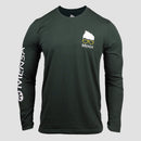 Forest green unisex long sleeve tee with white and yellow geeky glasses and hair graphic on left chest with white "MENSA" text, with large white MENSA text and logo on right sleeve