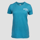Bondi Blue collegiate ladies tee with white MENSA logo on left chest