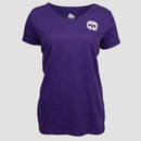 Purple ladies v-neck with white Mensa bug logo on left chest and geeky hair and glasses logo on inner neck label