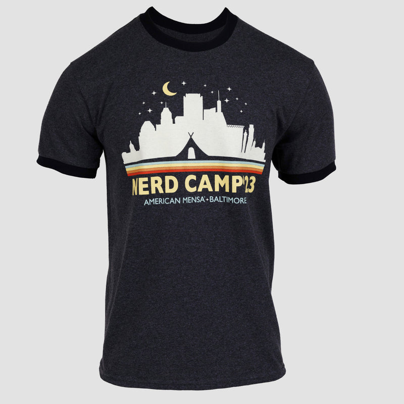 Charcoal Nerd Camp ringer tee with graphic of campsite in front of city with text "Nerd Camp '23 American Mensa Baltimore"