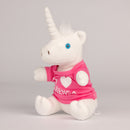 White Unicorn stuffed animal wearing pink shirt with white text "I Heart Mensa"