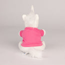 rear of White Unicorn stuffed animal wearing pink shirt