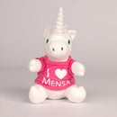 White Unicorn stuffed animal with pink shirt with white text "I Heart Mensa"