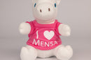 Closeup of White Unicorn stuffed animal wearing pink shirt with white text "I Heart Mensa"