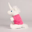 side view of White Unicorn stuffed animal wearing pink shirt with white text "I Heart Mensa"