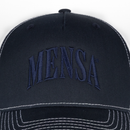 Closeup of Navy and white cap with 'MENSA' logo on a white background