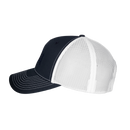side view of Navy and white cap with 'MENSA' logo on a white background