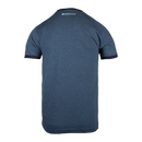 Rear view of navy ringer tee with "MENSA" logo on upper back
