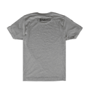A heather gray short-sleeve t-shirt shown from the back, featuring a black circular logo with the word 'MENSA' printed across the upper back.