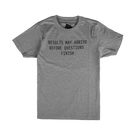 A heather gray short-sleeve t-shirt with the text 'RESULTS MAY ARRIVE BEFORE QUESTIONS FINISH' printed in black across the chest, displayed flat against a solid white background.