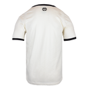Rear view of cream tee with black accents with Mensa logo on upper back