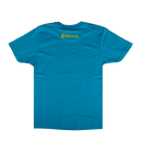 rear view of teal blue tee with mensa logo on upper back