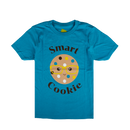A bright teal blue short-sleeve t-shirt with a cartoon graphic of a smiling cookie wearing yellow glasses, with the words 'Smart Cookie' printed around the graphic, shown on a plain white background.
