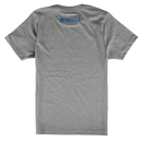 A heather gray short-sleeve t-shirt shown from the back, featuring a blue 'MENSA' logo printed across the upper back.