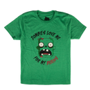 A green crewneck t-shirt featuring a cartoon zombie graphic with the text 'ZOMBIES LOVE ME FOR MY BRAINS' in black and red lettering.