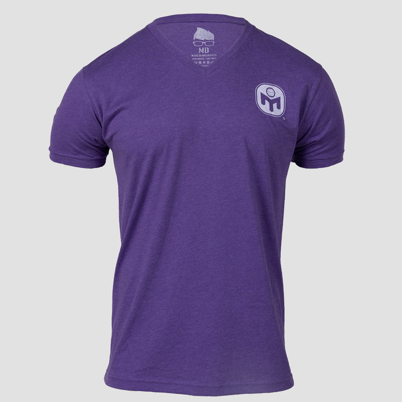 Purple v-neck tee with square white Mensa logo on left chest