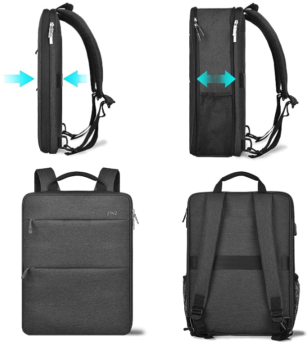 4 views of the Expandable laptop back pack showcasing its expandability
