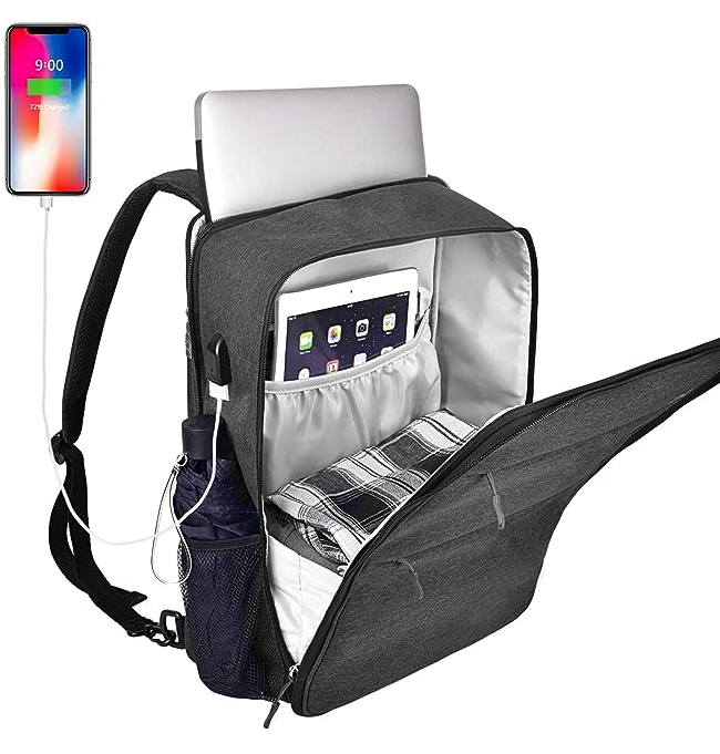 Expandable laptop backpack showing ability to carry laptop tablet umbrella and usb outlet