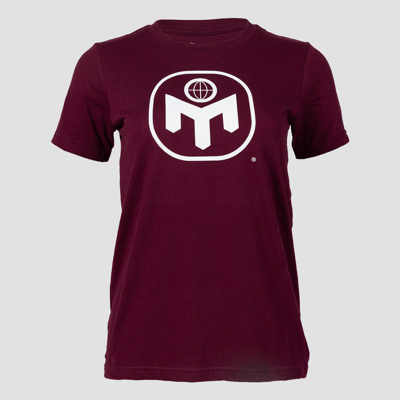 Maroon youth tee with white square Mensa logo on front