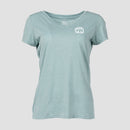 Sage ladies v-neck tee with white square mensa logo on left chest