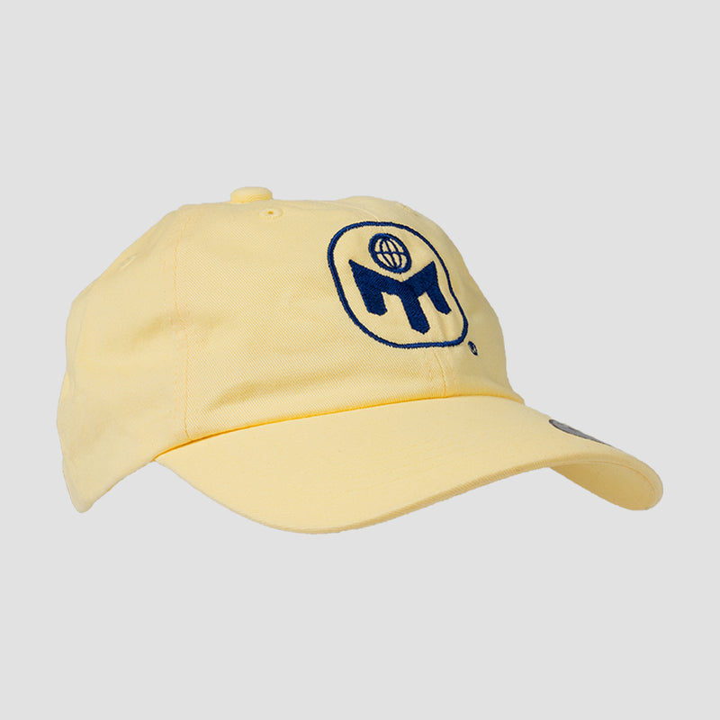 Yellow hat with square mensa logo on front