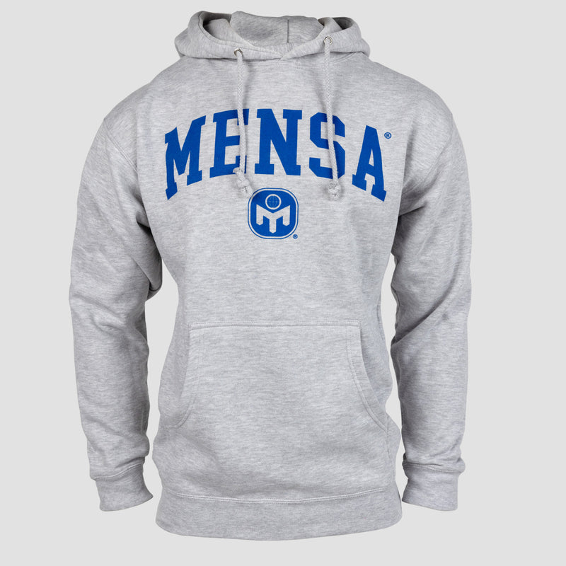 Grey Collegiate hoodie with blue "MENSA" text with Blue Mensa logo below