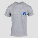 Grey pocket tee with blue Mensa logo on pocket