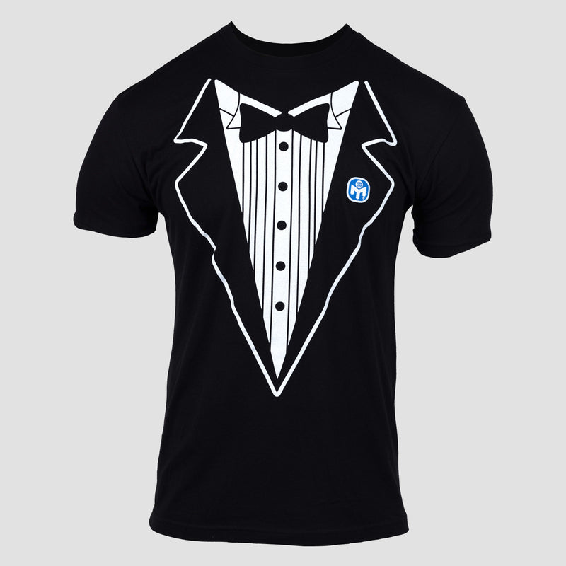 Black tee with tuxedo graphic on front with Mensa logo