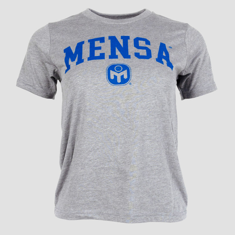 Grey Mensa Collegiate Youth Tee with blue "MENSA" text and blue Mensa logo below
