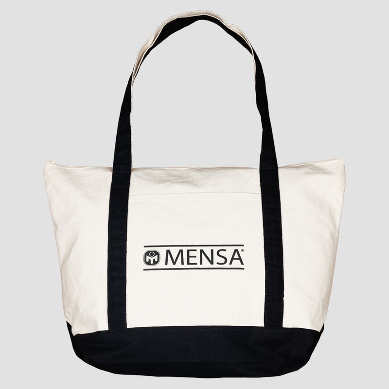 photo of canva bag with black accents. mensa bug icon logo in black mensa text in black to the right.