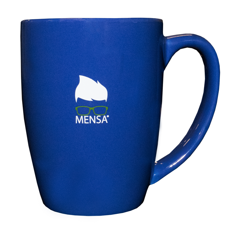 Royal blue bistro mug with handle with white mensa text and white and yellow hair and glasses graphic