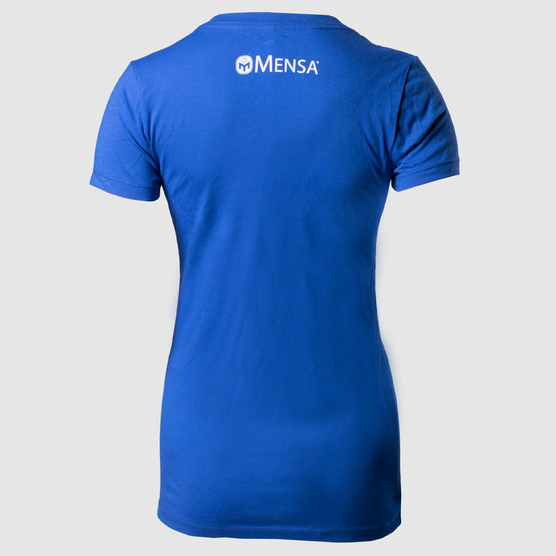 rear view photo of blue v neck tee with mensa text and globe logo in white near top neck line