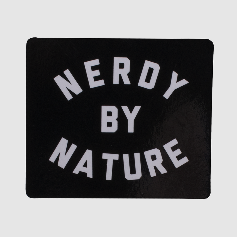 photo of black magnet with "nerdy by nature" text in white.