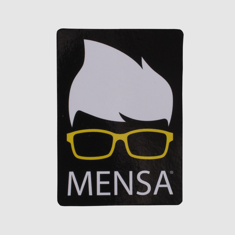 photo of black magnet with hair glass logo in white yellow and mensa text below in white.