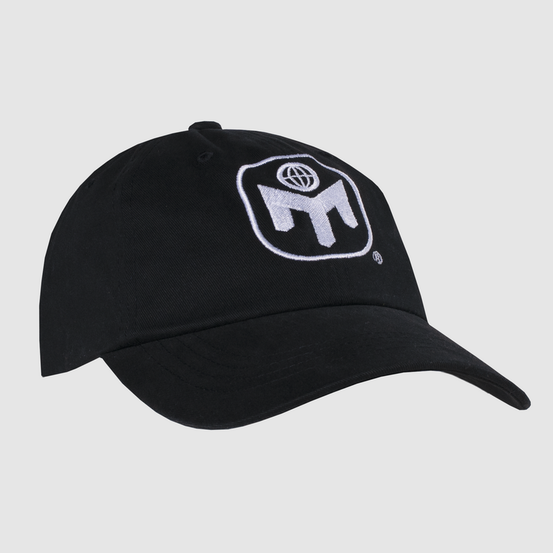 black hat with white mensa globe logo on front