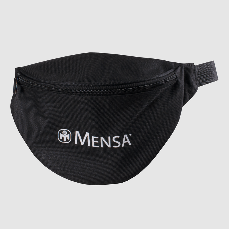 photo of black fanny pack with mensa text and bug icon on front in white.