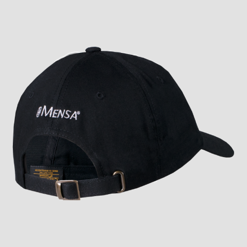 Back view of black dad hat with white Mensa text embroidered on back