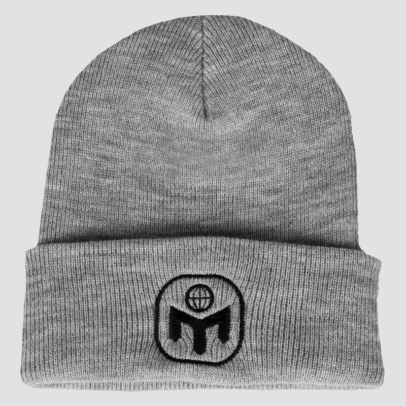 Front view of grey beanie with Mensa icon logo in black
