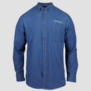Denim buttondown shirt with Mensa logo in white above pocket on front left chest