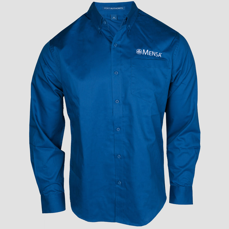 Blue button up Mensa shirt with white mensa logo on left chest above pocket on male mannequin